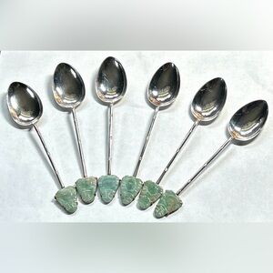 Vintage Sterling Silver 6PC Set Tea Spoons Jade Buddha Top 4 1/4" Bamboo Pattern